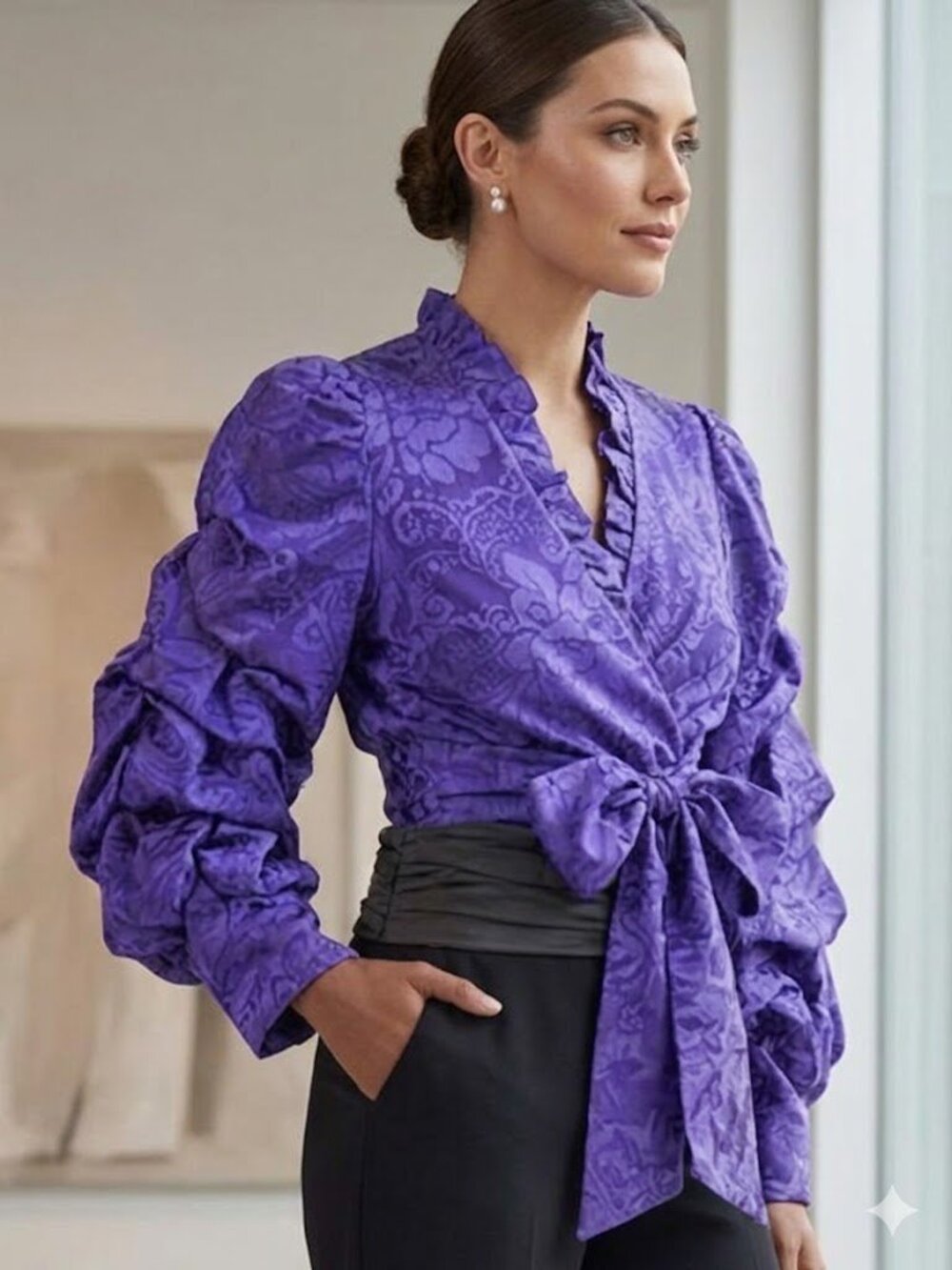 NWT Alice + Olivia Purple Floral Jacquard Tie-Front Puff Sleeve Top size S.